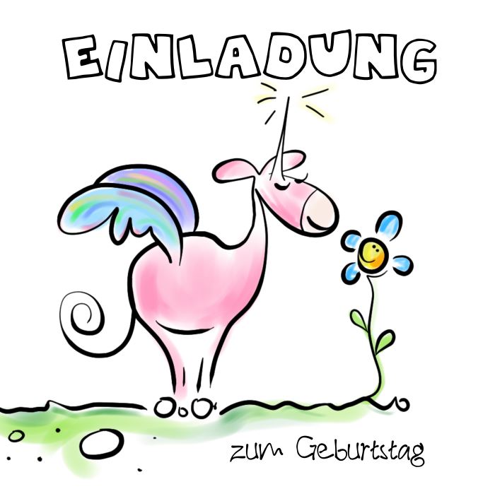 handgezeichnetes Einhorn mit Flügel, vor einer Blume stehend